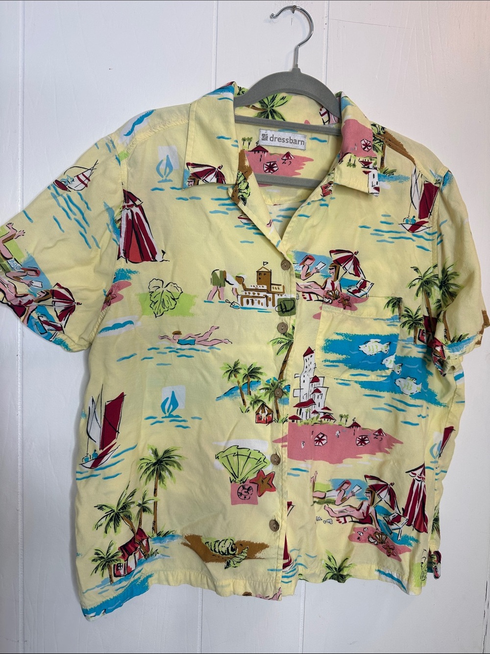 dressbarn Yellow Tropical Camp Button-Down Shirt with Pink & Blue Accents